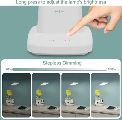 Upgraded LED Desk Lamp with Wireless Charger, White Small Desk Light with Pen Holder, 3 Color Modes, CRI 85, 800 Lumen, Study Lamps for College Dorm Room, Home Office, Adapter Included