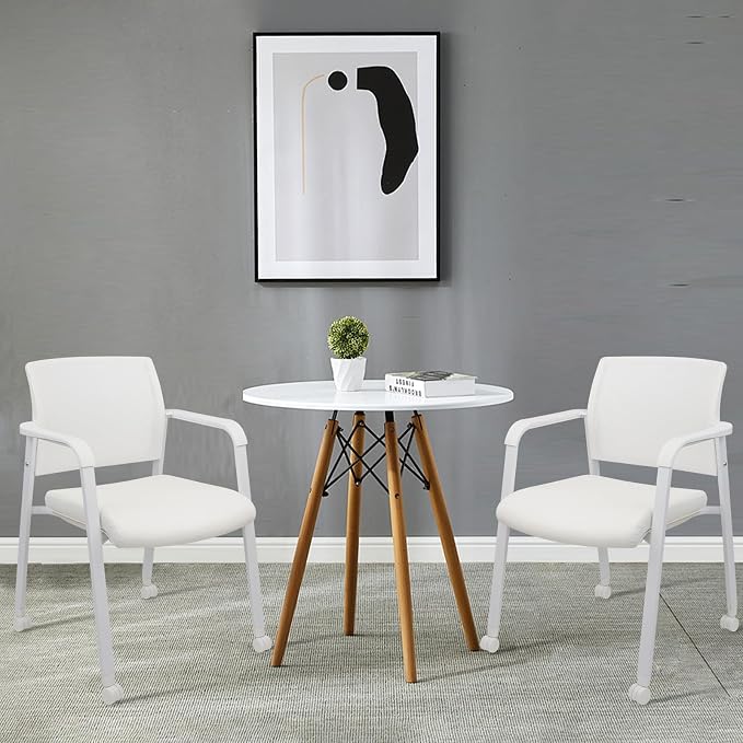 CLATINA Mesh Back Guest Reception Stacking Chair with Wheels, Waiting Room Stackable Chairs with Upholstered Leather Seat & Ergonomic Lumbar Support for Office Conference School Lobby, White, 2 Pack