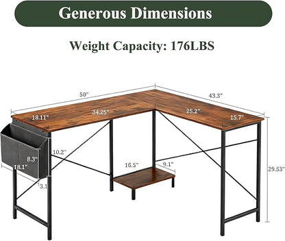 L-Shaped Corner Home Office Computer Desk, Gaming Desk with CPU Stand Shelf and Hanging Storage Pocket, Student Study Writing Table, Sturdy Metal Frame, 43.3" D x 50" W, Rustic Brown
