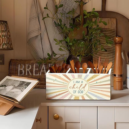 Boho Sunshine Christian Pen Holder, Christian Gifts Pencil Holder for Desk, I Am a Child of God Bible Verse Wooden Box Sign Decorations for Kids Nursery Room Bedroom Classroom Desk Tabletop