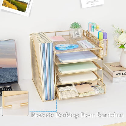 Desk Organizers and Accessories, 5-Tier Paper Letter Tray Organizer with File Holder, Drawer & Pen Holder, Office Desk Accessories, Desktop Organizer for Classroom Office Supplies, Gold