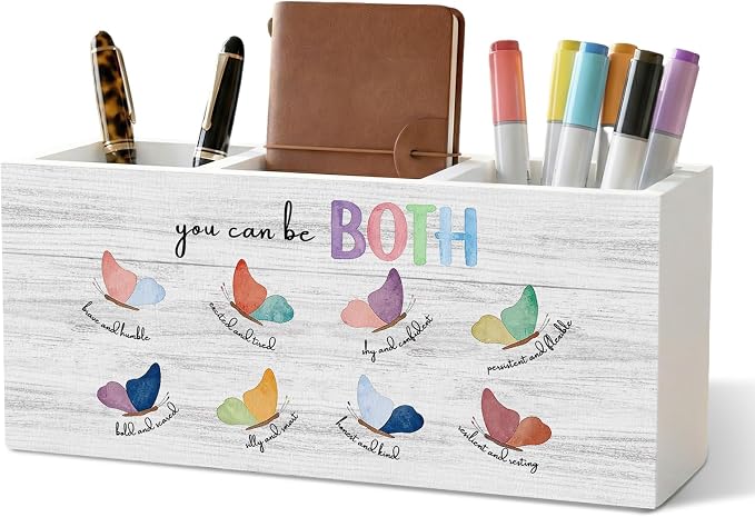 Mental Health Office Therapy Pencil Pen Holder for Desk Organizer, Boho Therapy Office Decor, Motivational You Can Be Both Wooden Box Decorations for Home Classroom Desk Tabletop Decor