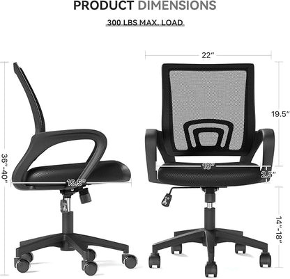Ergonomic Office Chair, Mid-Back Mesh Desk Chair, Computer Chair, Black | Lumbar Support, Rocking Mode, Height Adjustable, Fixed Armrest, for Computer, Gaming, Conference, Meeting
