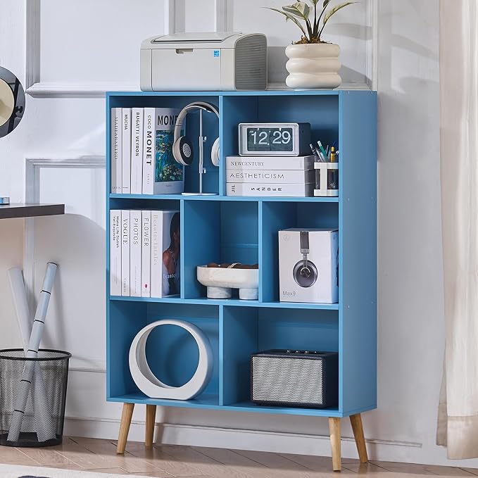 LEYAOYAO Cube Bookshelf 3 Tier Mid-Century Blue Modern Bookcase with Legs,Retro Wood Bookshelves Storage Organizer Shelf,Freestanding Open Book Shelves for Bedroom,Living Room,Office
