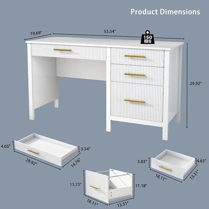 Fluted Executive Desk with Drawers: 54" White Home Office Desks with File Drawers, Modern Computer Desk with Gold Handles, Writing Table for Study, Living Room (White, 54")
