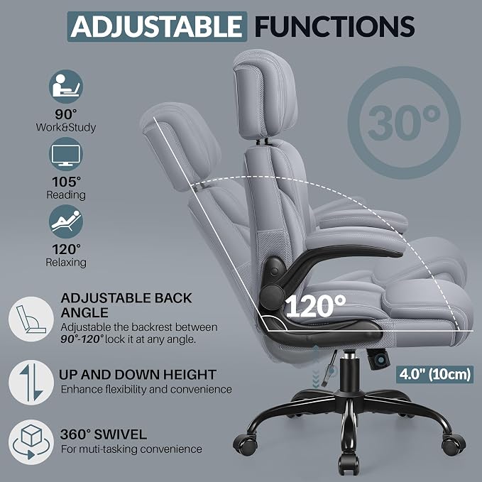Office Chair, Ergonomic Big and Tall Computer Desk Chair with Retractable Adjustable Headrest, Executive Breathable Leather Chair, Lumbar Support Swivel Flip-up Armrests Rocking Function,Matte Gray