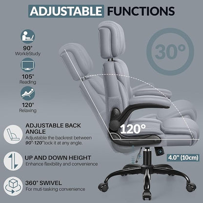 Office Chair, Ergonomic Big and Tall Computer Desk Chair with Retractable Adjustable Headrest, Executive Breathable Leather Chair, Lumbar Support Swivel Flip-up Armrests Rocking Function,Matte Gray