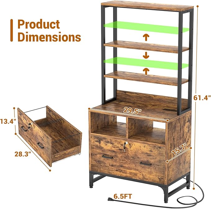 Homieasy File Cabinet with Charging Station, Vertical Filing Cabinet with Lock & Large Drawer, Printer Stand with Storage Shelves, Office Storage Cabinet fits Letter/A4/Legal Size, Rustic Brown