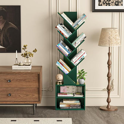 SHEEPAM 10 Tier Tree Bookshelf,Christmas Green Bookcase for Narrow Space, Storage Organizer Floor Standing Bookshelves for Books, Tall Book Case for Home Office, Living Room, Bedroom