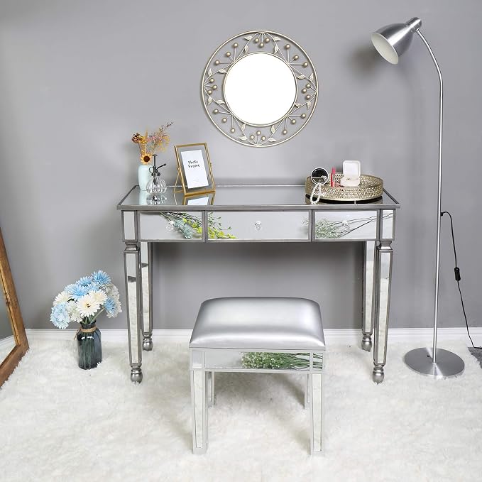 Henf Mirrored Console Table, Modern Makeup Vanity Desk Dressing Table with 3 Drawers, Contemporary Vanity Sofa Side Table Occasional Entry Table for Entryway/Living Room/Bedroom, Antique Silver