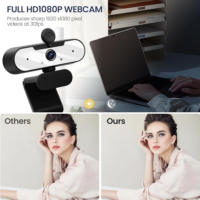 USB HD 1080P Video Webcam and Wide Angle Camera with Built-in Microphone and Rotatable Tripod,for Laptop Computer or Desktop PC,Great for Live Streaming.Calls.Video Conferencing(White)