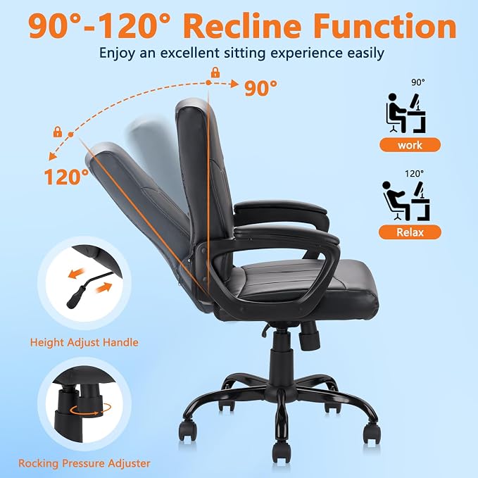 CLATINA Leather Office Executive Chair with Lumbar Support and Padded Armrestes, Swivel Rolling Ergonomic Mid Back Computer Task Desk Chair for Home, Conference, Waiting Room, Black