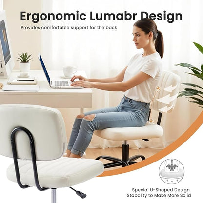 HealSmart Small Office Desk Chair with Wheels, Armless Desk Chair with Lumbar Support, PU Leather Low Back Adjustable Height 360° Rolling Swivel Task Chair Without Arm for Home, Bedroom,Office, White