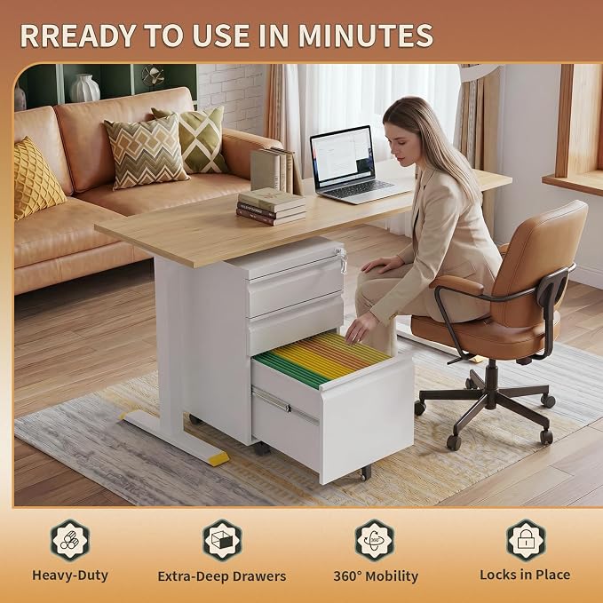 3 Drawer Under Desk Storage,Small File Cabinet with Lock,Filing Cabinet for Home Office,Mobile Metal Drawer Organizer for Letter/Legal/A4,Fully Assembled,White