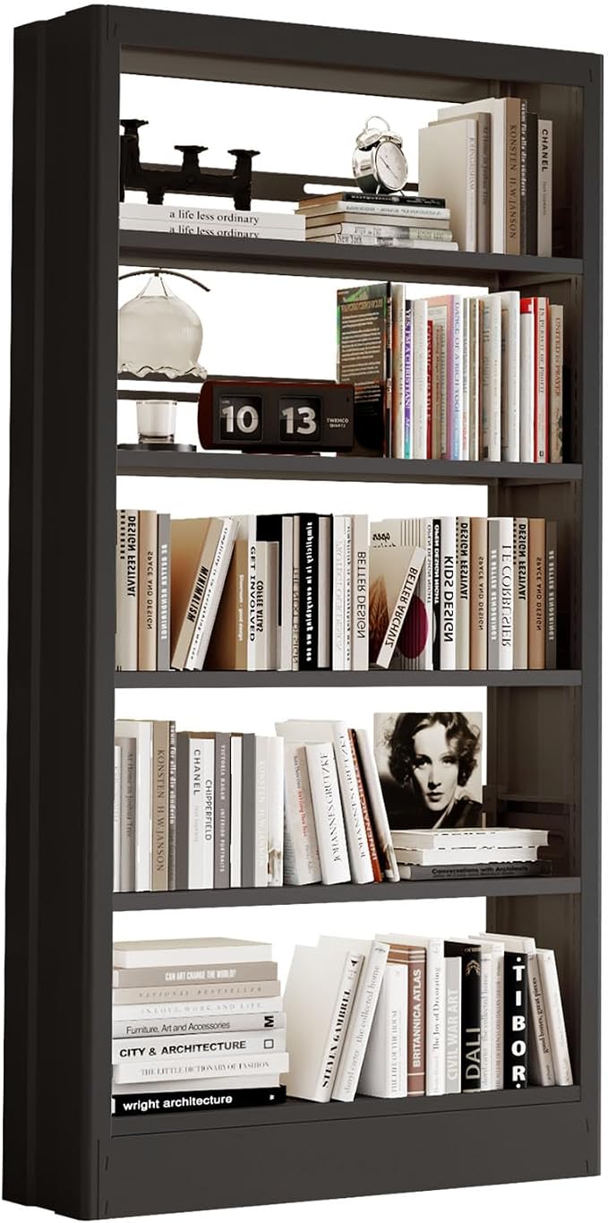 71"H Metal Bookshelf, 5 Tier Bookcase with Adjustable Shelves, Tall Bookcase,Heavy Duty Storage Bookshelves for Library, Office, Bedroom, Living Room, Classroom, Including Book Stopper (Black) | Bookcase