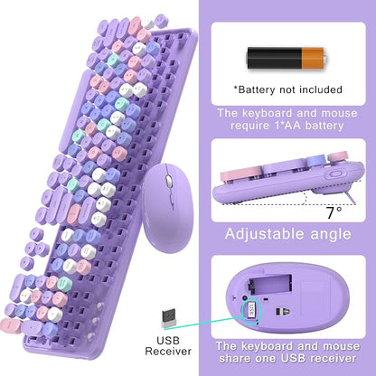 MPTOG Colorful Wireless Computer Keyboard and Mouse Combo with Round Typewriter Keycaps, Retro Design, Power Switch, Ergonomic Design, 2.4GHz Wireless for Windows, Mac, PC(Purple-Colorful)