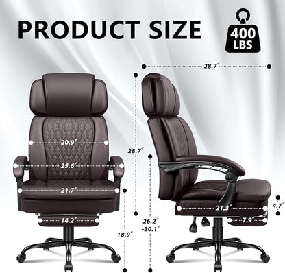 Office Desk Chair with Foot-Rest 400lbs, Heavy Duty Executive Office Chair, Comfy High Back Ergonomic PU Leather Reclining Desk Chair with Lumbar Support, Brown