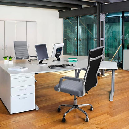 Shahoo Ribbed Office Chair, Mid-Back PU Leather Office Chair Executive Task Chair with 360° Swivel Wheels for Conference Room, Home Offices (Grey)