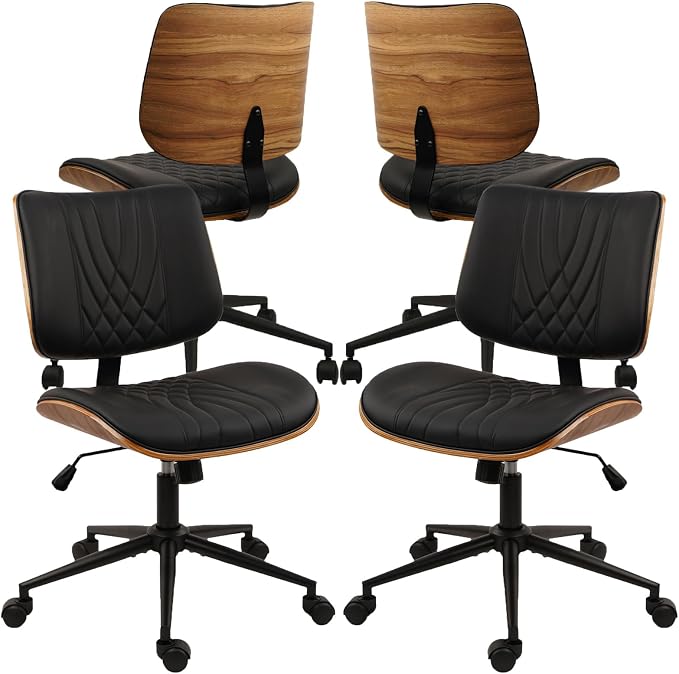 CLATINA Armless Home Office Chair, Desk Chair with Wheels, Adjustable Height Reading Chair, Leather Mid Back & Swivel Computer, Modern Walnut Chairs with Back for Study Meeting Room(Black) 4Pack
