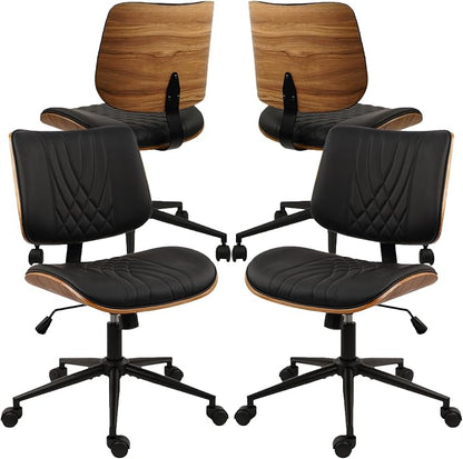 CLATINA Armless Home Office Chair, Desk Chair with Wheels, Adjustable Height Reading Chair, Leather Mid Back & Swivel Computer, Modern Walnut Chairs with Back for Study Meeting Room(Black) 4Pack