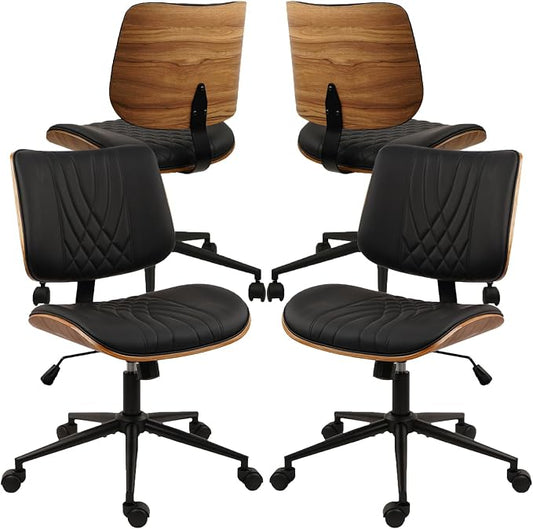 CLATINA Armless Home Office Chair, Desk Chair with Wheels, Adjustable Height Reading Chair, Leather Mid Back & Swivel Computer, Modern Walnut Chairs with Back for Study Meeting Room(Black) 4Pack