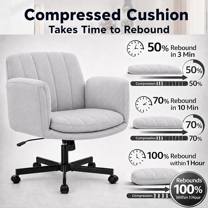 Criss Cross Office Chair with Wheels and Arms, Vanity Chair with Back, Comfy Swivel Cross Legged Office Chairs for Ultimate Comfort and Support, Unique Multifunctional Stylish Arms (Fabric Gray)