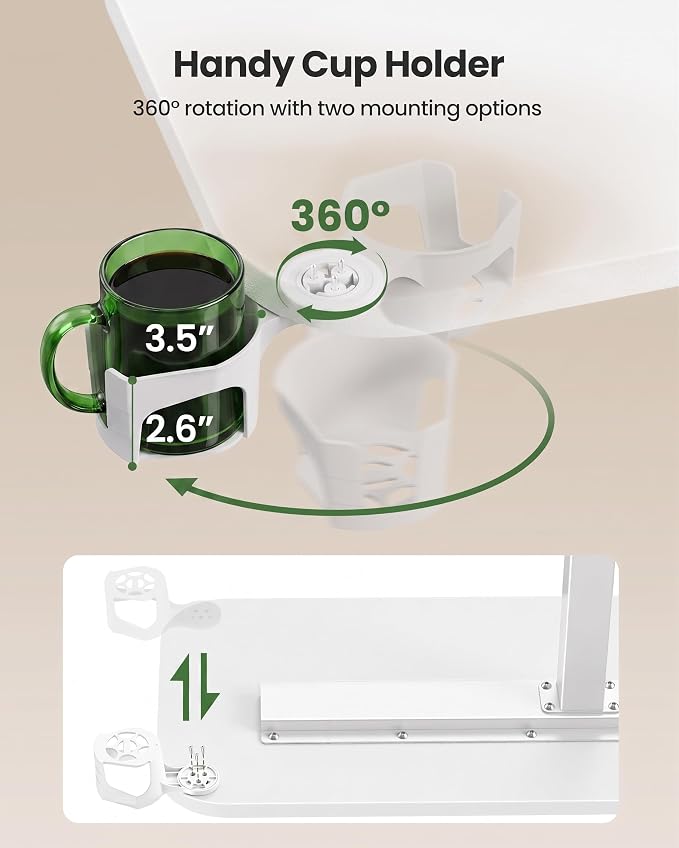 Marsail 28×16" Overbed Table with Wheels and 360° Cup Holder, Height-Adjustable Pneumatic Bedside Table, Mobile Computer Standing Desk for Home Office, White