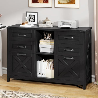 Farmhouse Lateral Filing Cabinet, Lateral File Cabinet with 6 Drawers and Adjustable Shelf, Large Printer Stand with 2 File Drawers for Letter/A4 Size Hanging Files for Home Office, Rustic Black