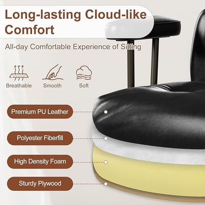 Mid-Century Modern Ergonomic Office Chair,High Back Faux Leather Executive Desk Chair with Walnut Bentwood & Headrest,Adjustable Swivel Computer Chair for Home Office,Black