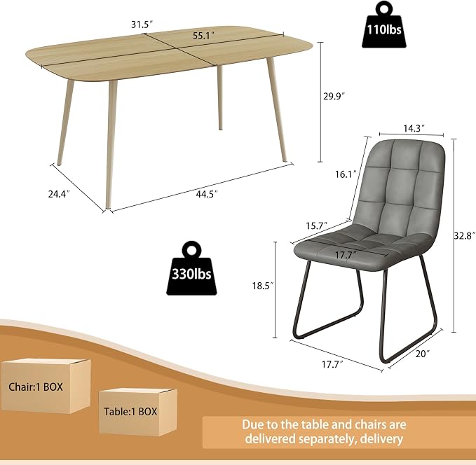HIPIHOM 47.2'' Modern Dining Table Set for 4 - Wood Table with Cat Scratch Resistant Surface & 4 Gray Leather U-Shaped Chairs, Kitchen & Dining Room Furniture, Ideal for Small Spaces
