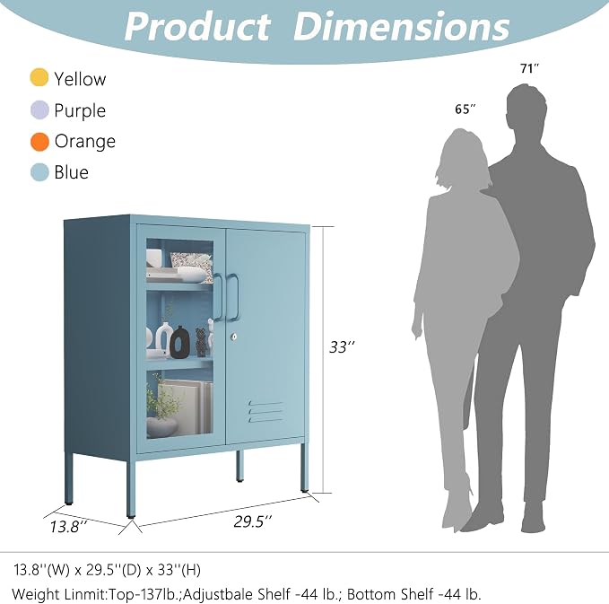 29.5" Wide Blue Metal Storage Cabinet with Lock and Ventilated Doors, 2 Adjustable Shelves, Heavy Duty Home Metal Accent Locker for Kitchen Office Living Room Hallway
