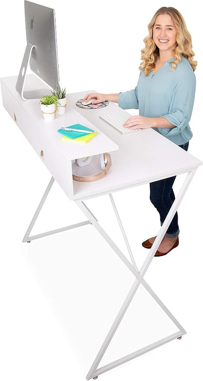 Stand Steady Joy Standing Desk | Pretty Standing Desk with Shelf & Built-in Storage Cubbies | Modern Stand Up Workstation | Tall Desk & Reception Table for Home, Dorm & Office (White / 48in x 42in)