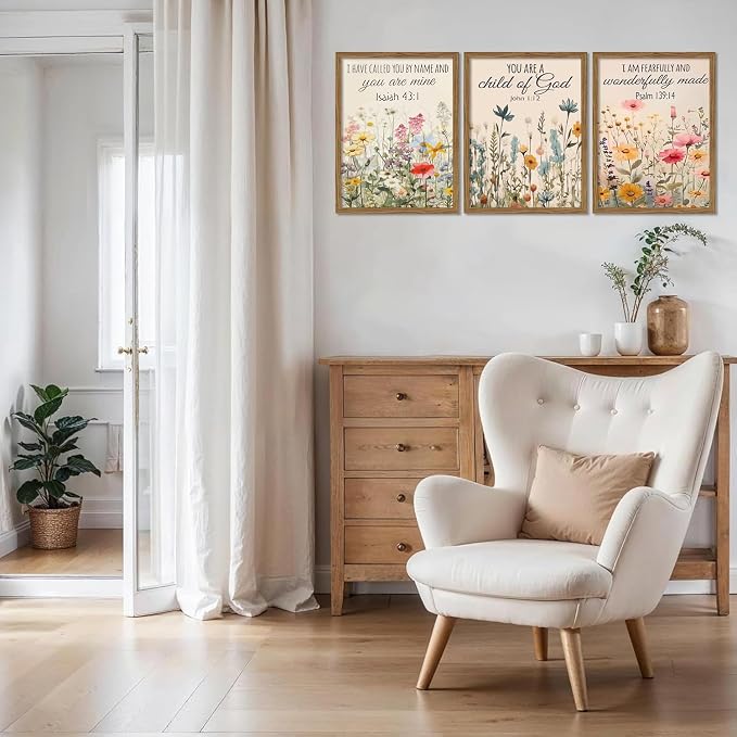 MLKZNOI 3Pcs Christian Floral Scripture Posters Wall Art, Wildflower Bible Verse Canvas Wall Decor, Psalm Religious Faith Art Pictures Prints for Living Room Bedroom Decorations 16x24in Unframed