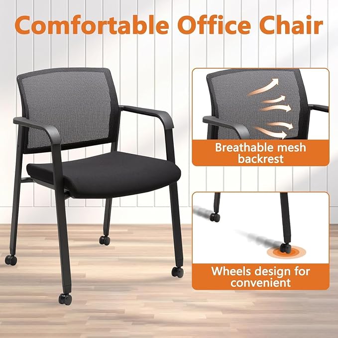 CLATINA Rolling Conference Room Chairs Set of 8, Stackable Office Guest Reception Chair with Armrests and Wheels, Mesh Back Waiting Room Stools for Office, School, Lobby, Church, Black