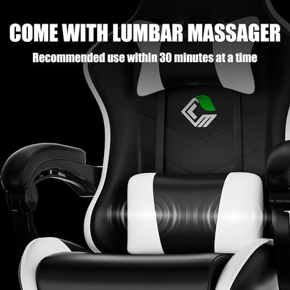 Czlolo Gaming Chair, Ergonomic Office Computer Chair with Footrest and Lumbar Support Massager Racing Style High Back Video Gamer Chair, Wide＆Thick Cushion, 90°-135° Recline, Adjustable Height, White