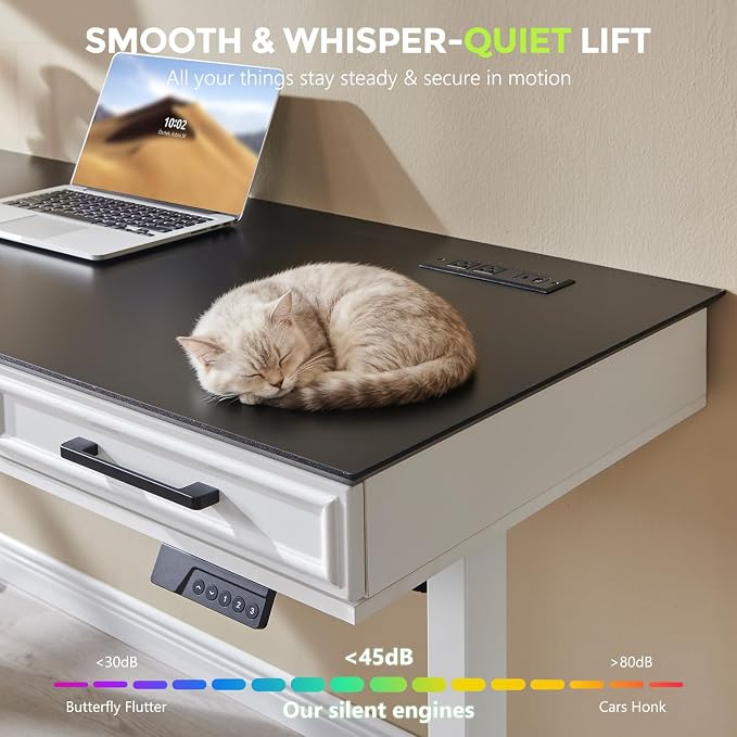 Electric Standing Desk with 3 Storage Drawers, 55x22 Inch Wood Adjustable Height Computer Desk w/One-Piece Desktop, Sit to Stand Up,Power Outlets, Gaming Table for Home Office and Study, White