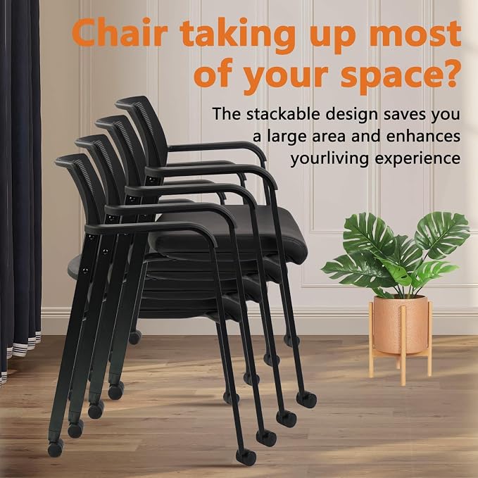 CLATINA Mesh Back Guest Reception Stacking Chair with Wheels, Waiting Room Stackable Chairs with Upholstered Leather Seat & Ergonomic Lumbar Support for Office Conference School Lobby, Black, 2 Pack