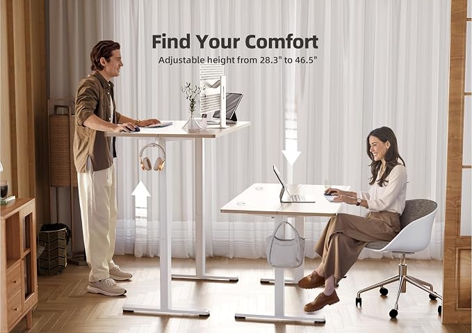 YDN Electric Standing Desk Adjustable Height, 32 x 19 Inches Stand up Desk with Cable Management, Home Office Desks with Splice Board & White Frame, Nature Top