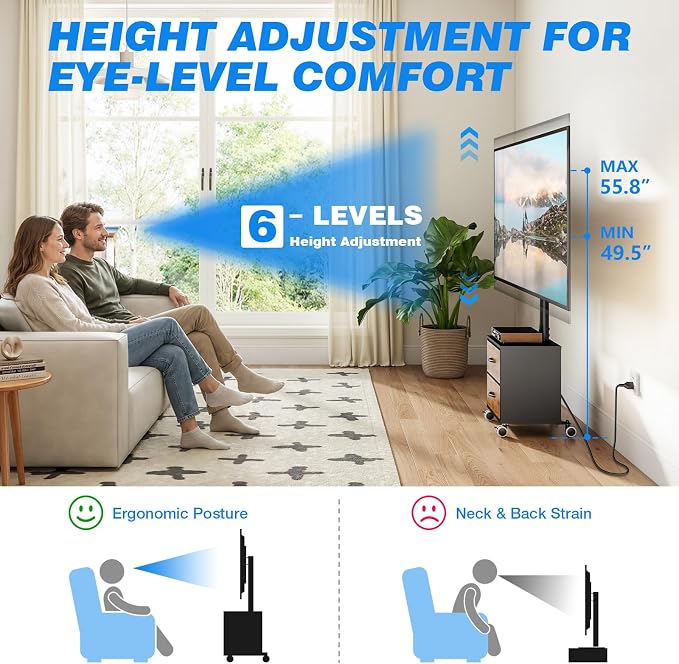 Rfiver Rolling TV Stand with Power Outlet and 2 Drawers for 32-60 Inch TVs, Swivel Mobile TV Cart with Wheels, 6-Level Height Adjustable Floor TV Mount up to 88lbs, Max VESA 400x400mm