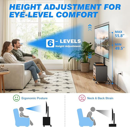 Rfiver Rolling TV Stand with Power Outlet and 2 Drawers for 32-60 Inch TVs, Swivel Mobile TV Cart with Wheels, 6-Level Height Adjustable Floor TV Mount up to 88lbs, Max VESA 400x400mm