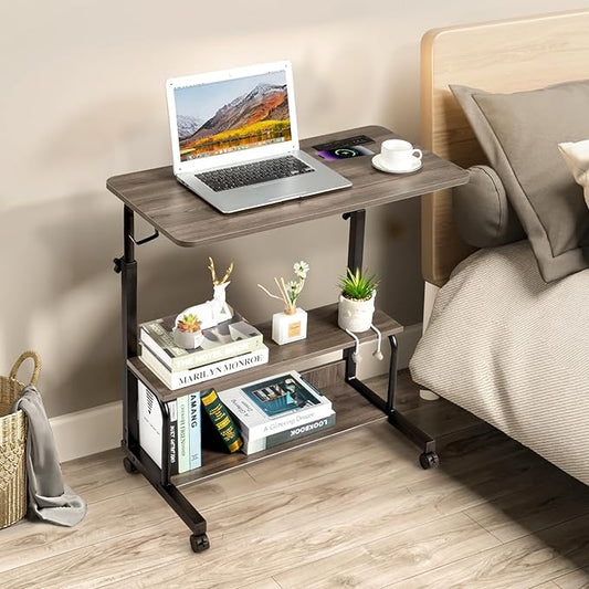 Karl home 31.5" Portable Rolling Desk on Wheels,Height Adjustable Standing Desk with 2 AC Outlets/3 USB Ports,Mobile Laptop Table with Hooks and Storage Shelves for Home Office，Grey Oak