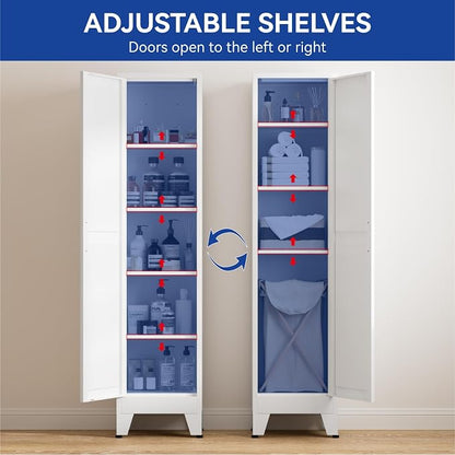 COFaR 67'' Tall Narrow Bathroom Storage Cabinet, Metal Farmhouse Skinny Pantry Cabinet with 4 Adjustable Shelves and One Door, Slim Cabinet Storage for Kitchen Laundry Garage, 5-Tier White