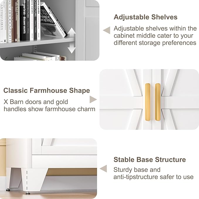 Baborokic 61H Metal Storage Cabinet with 2 Doors and Adjustable Shelves,Farmhouse Storage Cabinet with Barn Doors,Pantry Storage for Home,Office,Bathroom,Dining Room,Kitchen(White)