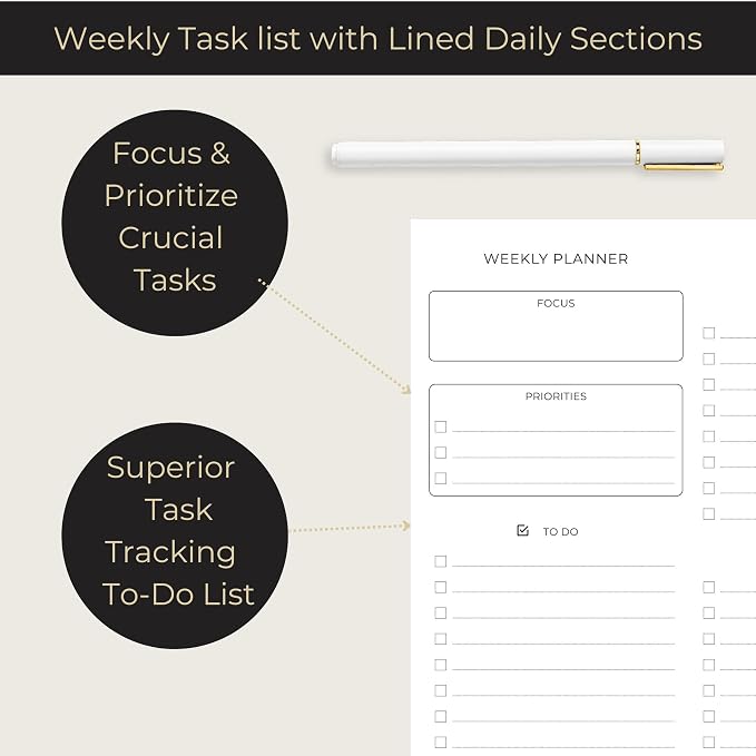 BLU MONACO | Black Undated Weekly Planner Notepad with 52 Tear-Off Sheets | Weekly To-Do List Pad for Scheduling, Goals & Desk Planning | Stylish Desk Calendar Organizer