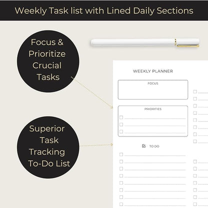 BLU MONACO | Black Undated Weekly Planner Notepad with 52 Tear-Off Sheets | Weekly To-Do List Pad for Scheduling, Goals & Desk Planning | Stylish Desk Calendar Organizer