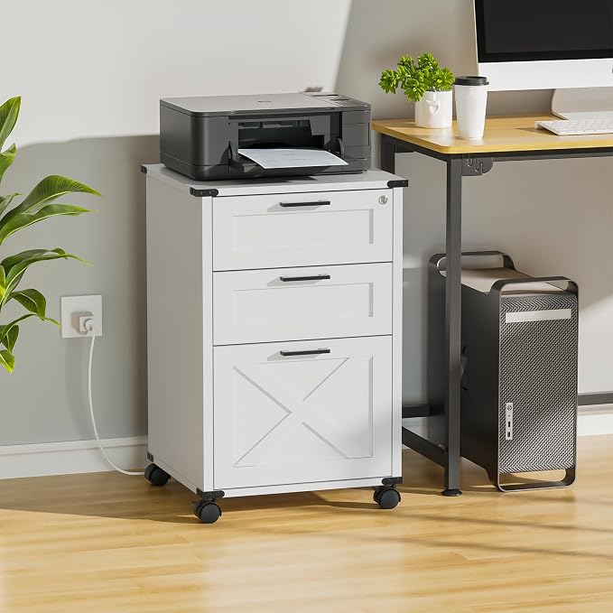 Onelike Small Wood File Cabinet with Lock, Nightstand with Charging Station, 3 Drawer Under Desk Lateral Filing Cabinets for Home Office, Printer Stand with Storage, White