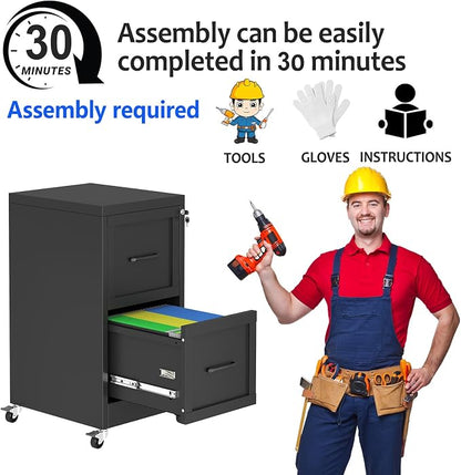 Small Metal 2-Drawer File Cabinet, Under Desk Office Cabinet, Black | Rolling, Locking, Adjustable Hanging Rail, Fit A4, FC, Letter, Hanging File Folders for Home Office Storage Organization, 1PS