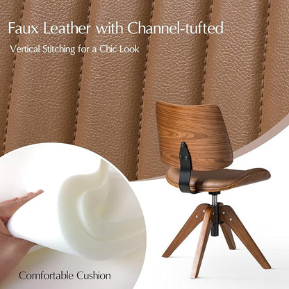 HULALA HOME Faux Leather Home Office Chair with Solid Wood Legs, 360° Swivel Desk Chair No Wheels with Bentwood Design, Mid-Century Modern Wide Seat Computer Task Chair, Camel