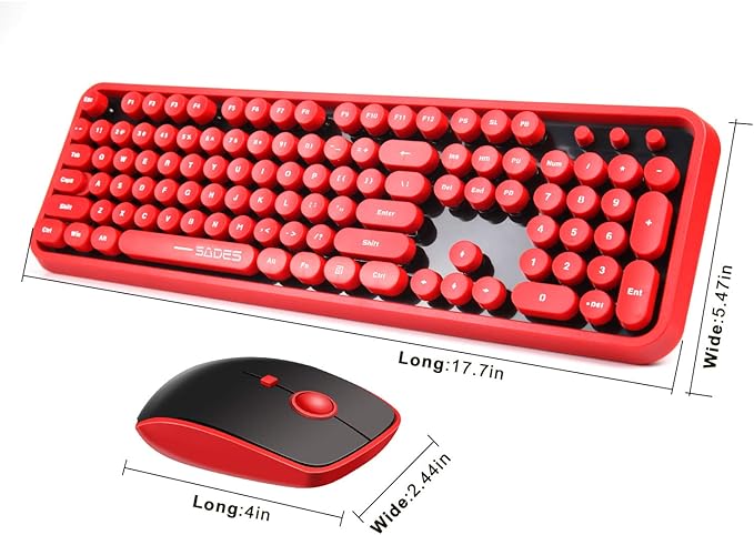 Wireless Keyboard Mouse Combo, 2.4GHz Wireless Typewriter Keyboard with 104 Cute Retro Round Keys, Letton Full Size Keyboard and Mouse with 3 DPI for Computer Mac PC Laptop-Black/Red