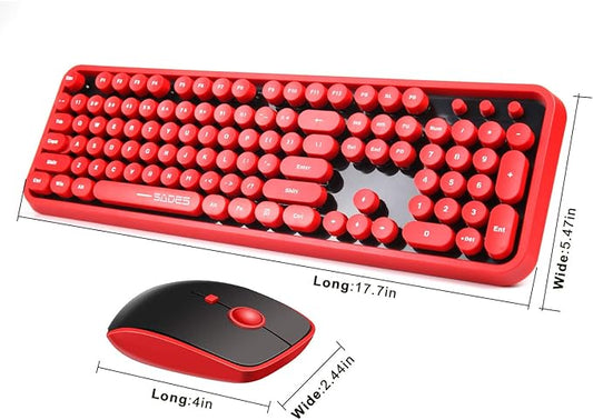 Wireless Keyboard Mouse Combo, 2.4GHz Wireless Typewriter Keyboard with 104 Cute Retro Round Keys, Letton Full Size Keyboard and Mouse with 3 DPI for Computer Mac PC Laptop-Black/Red